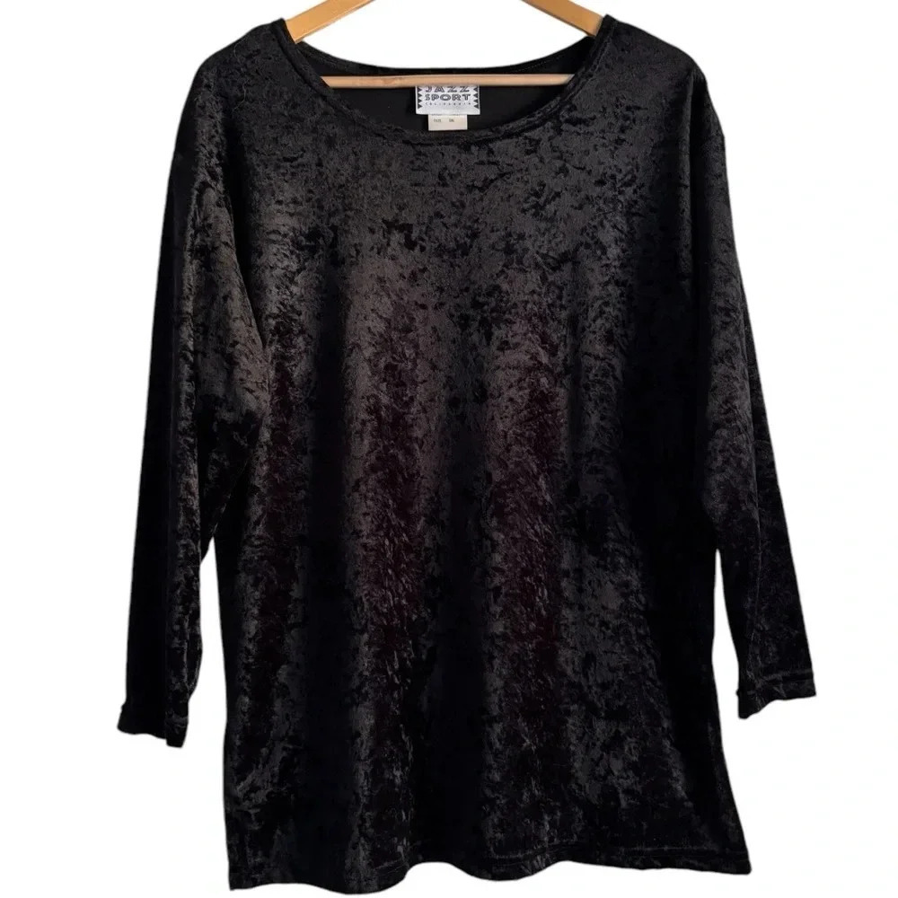 VTG Jazz Sport Velour Top Blouse Women's Black Large Whimsigoth Y2K 90s Classic